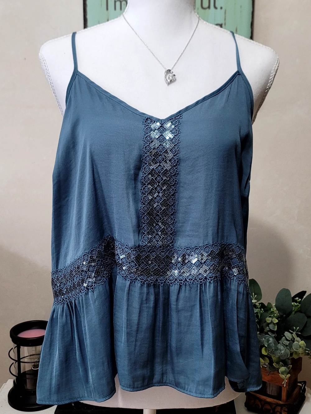 NEW LC Lauren Conrad Sky Blue Lace Sequin Spaghetti Strap Baby Doll Tank Top